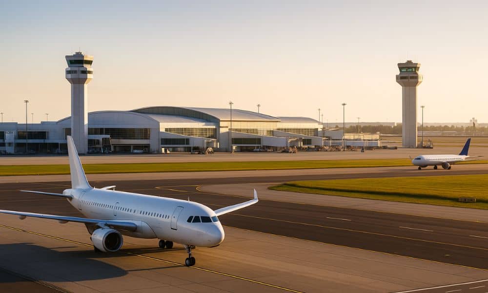 airport environment alta survey land clarification - ALTA SURVEY North Carolina Airplanes at a busy airport terminal representing the need for ALTA Surveys to clarify land use restrictions and zoning compliance near airports.