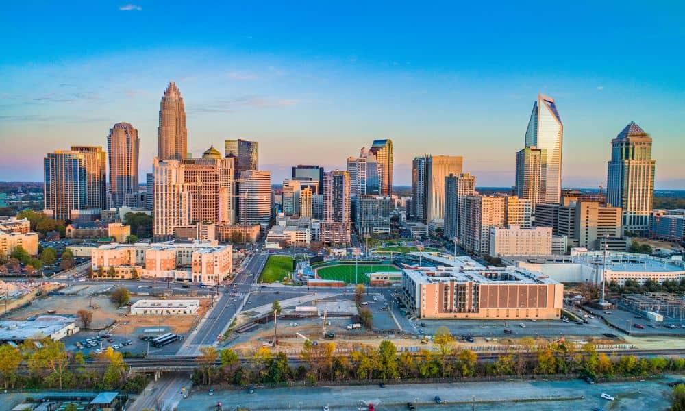 Aerial view of Uptown Charlotte, NC, where an ALTA Land Title Survey can help identify property boundaries and features