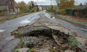 Roadway sinkhole collapse damage - ALTA SURVEY North Carolina Small roadway sinkhole showing early ground collapse that a topographic survey can identify before construction