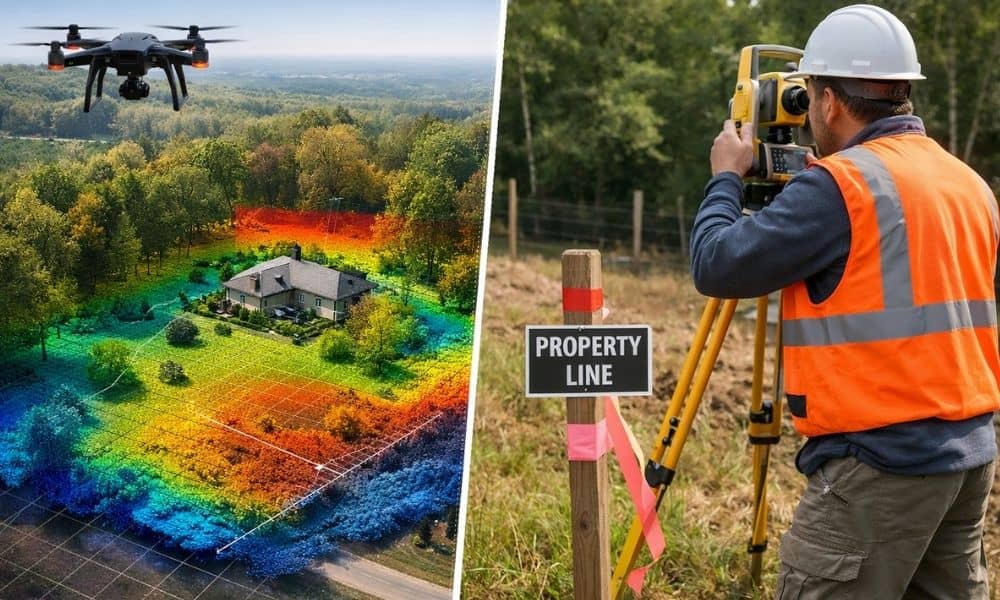 Split image showing LiDAR mapping from a drone compared to a land surveyor marking a legal property line