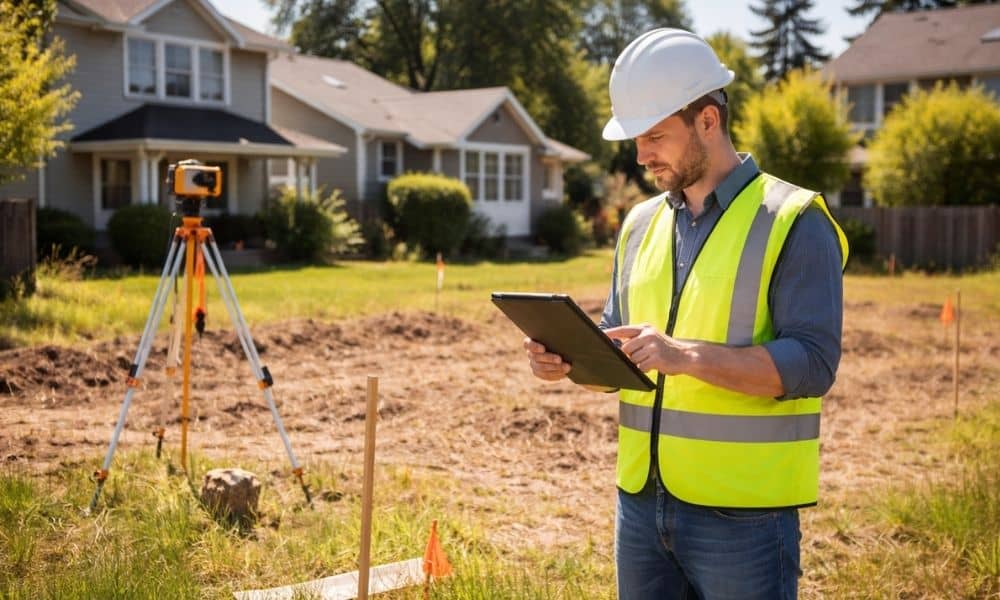 Civil engineer reviewing a small residential lot before rezoning to check layout, access, and buildability