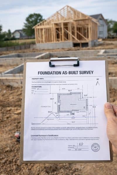 Foundation survey technical setup - ALTA SURVEY North Carolina A surveyor uses a total station to measure a residential foundation layout with stakes and markings, showing architectural engineering precision in action