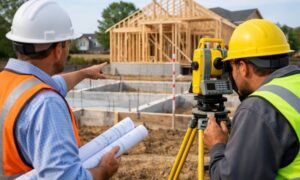 Infill construction site - ALTA SURVEY North Carolina A civil engineer reviews blueprints at a suburban infill construction site with survey equipment and a partially built foundation, showing architectural engineering in action