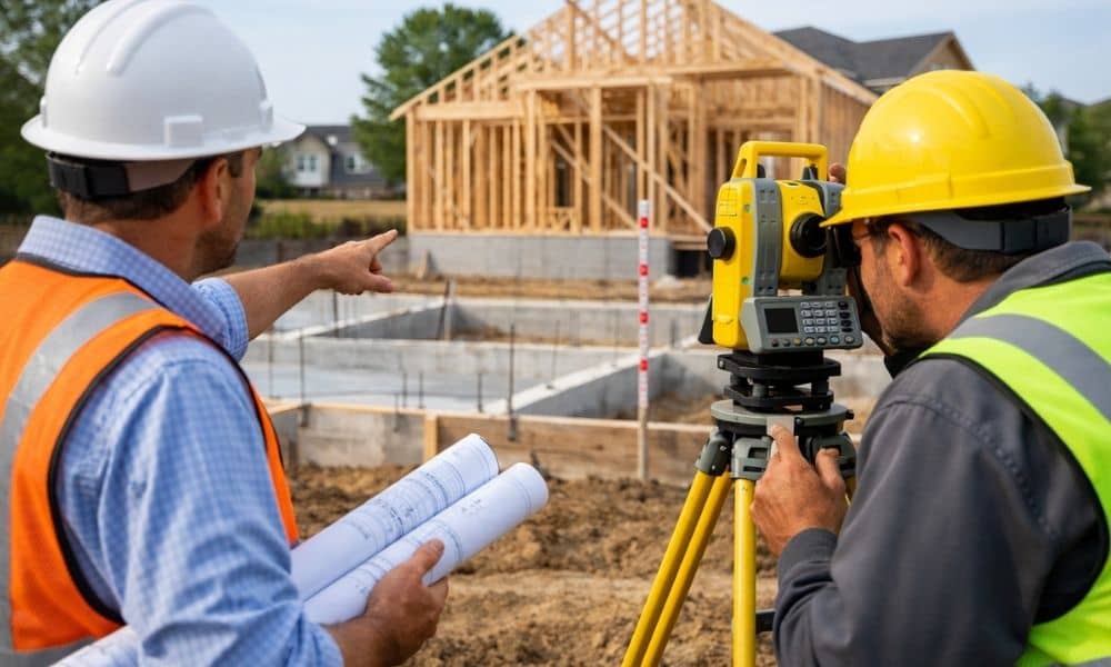 Infill construction site - ALTA SURVEY North Carolina A civil engineer reviews blueprints at a suburban infill construction site with survey equipment and a partially built foundation, showing architectural engineering in action