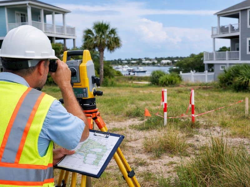 Surveyor performing a lot survey on a residential property in Wilmington, NC to verify boundaries and setbacks