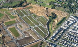 Subdivision planning showing a residential land layout with roads and buildable lots