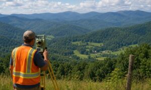 Professional land surveyor evaluating a large rural property with rolling hills and mountain terrain to help buyers verify boundaries and access before closing