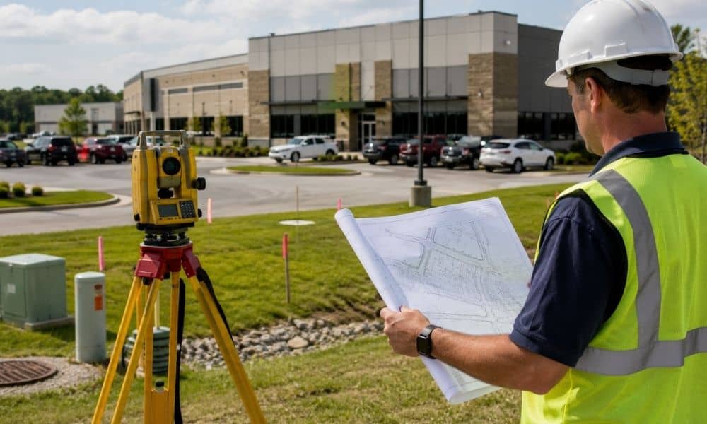 Land surveyor conducting an ALTA survey assessment of a commercial property