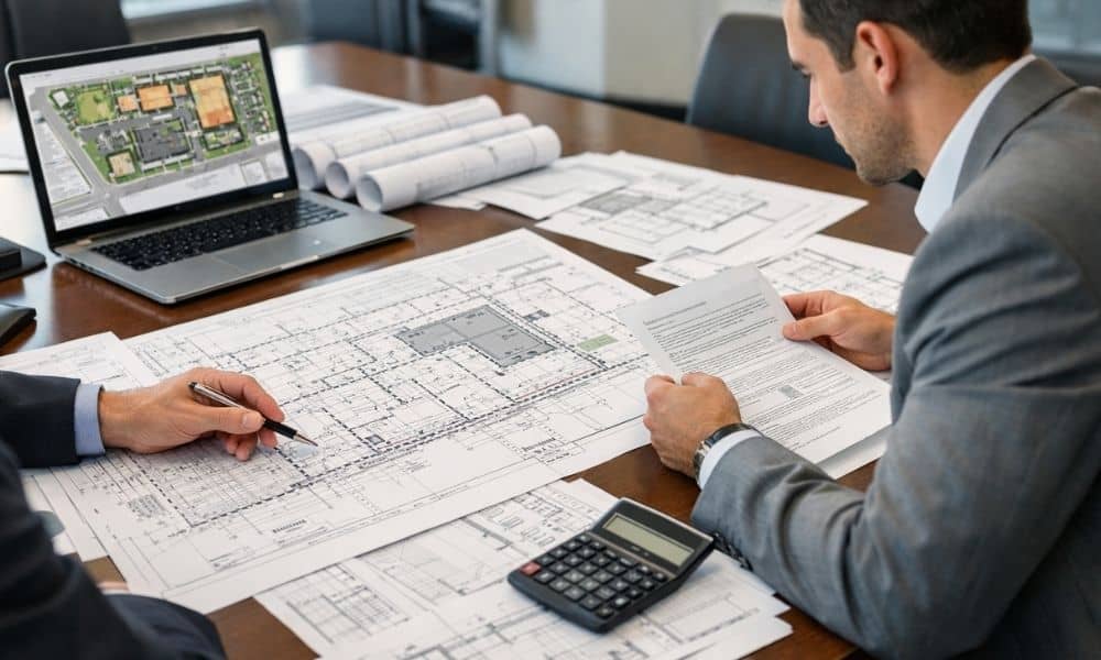 Commercial lender and developer reviewing an ALTA survey and site plans before approving commercial property financing