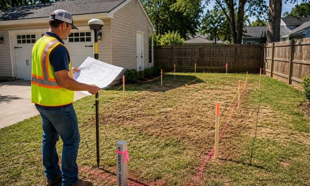 Boundary surveyor verifying property lines and setbacks before a residential garage expansion