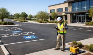 Commercial property survey - ALTA SURVEY North Carolina Commercial property surveyor inspecting a parking lot and access points outside a commercial office building