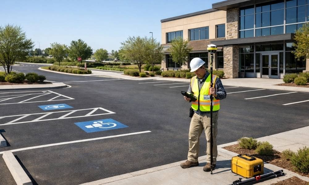 Commercial property surveyor inspecting a parking lot and access points outside a commercial office building