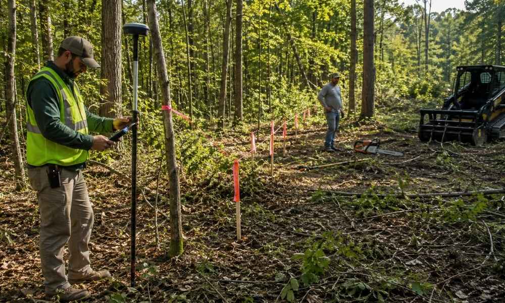Licensed land surveyor marking a wooded property line before tree removal and brush clearing to prevent boundary disputes