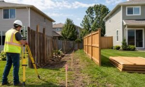 Property survey after fence replacement - ALTA SURVEY North Carolina Surveyor checking a residential property line after fence removal and replacement work
