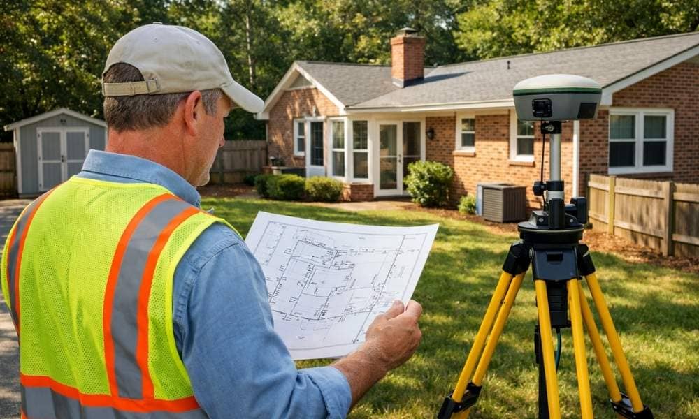 Licensed land surveyor reviewing a residential property survey before a homeowner lists the house for sale