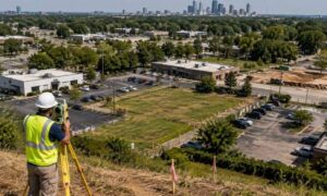 Surveyor conducting survey mapping across multiple parcels in Charlotte, NC