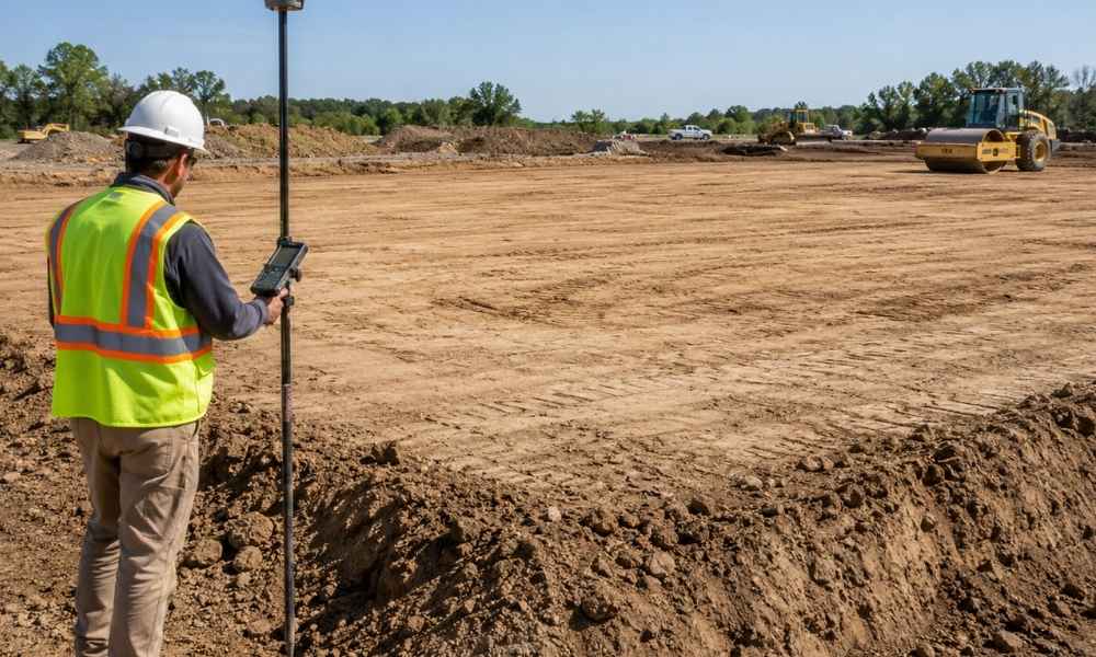 Construction surveyor checking the elevation of a filled building pad in Wilmington NC