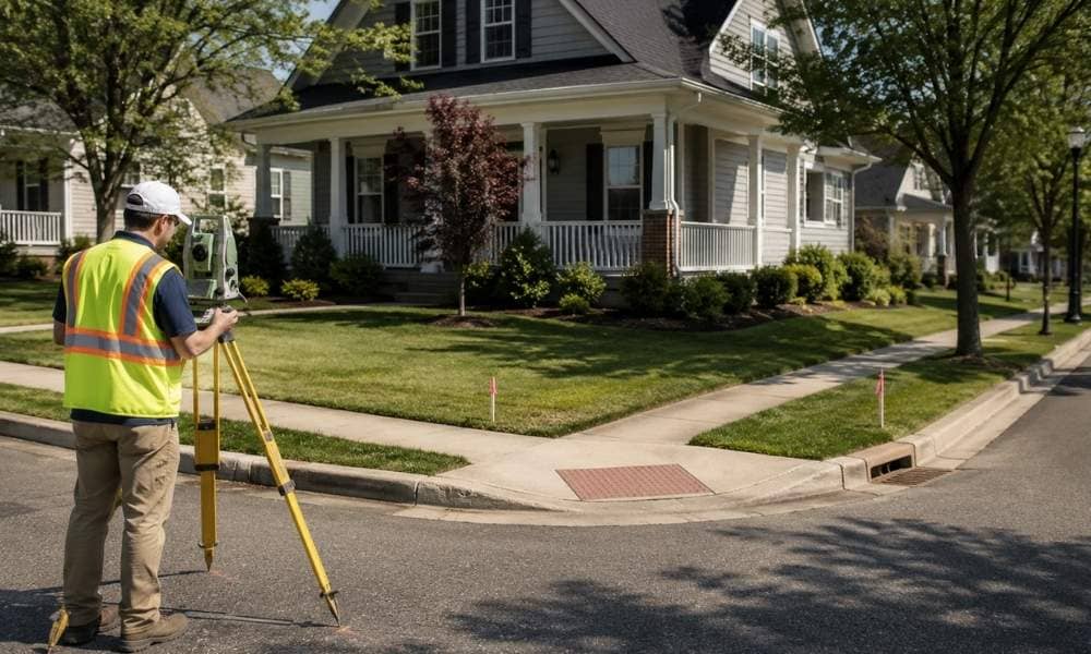 Surveyor measuring a corner lot as part of a boundary survey price assessment in a North Carolina neighborhood