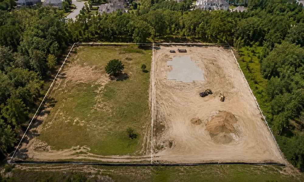 Aerial view of adjacent lots being combined for construction planning by a land survey company in wilmington and charlotte north carolina