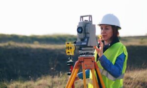 Professional land surveyor operating a total station in an open rural field