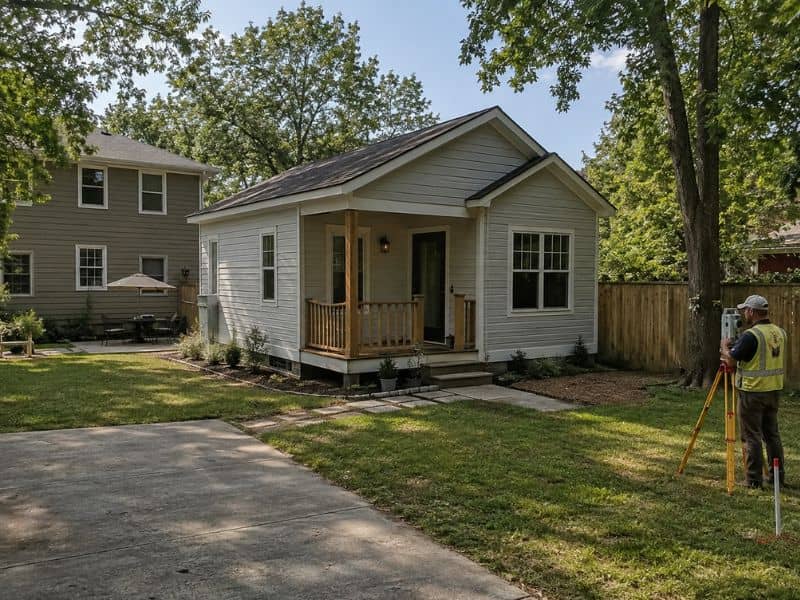 Property Survey showing a Charlotte North Carolina backyard with an ADU location, existing house, patio, and property boundaries.
