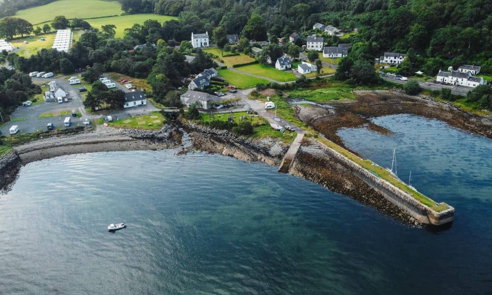 Aerial view of coastal development where boundary line surveys help define property limits