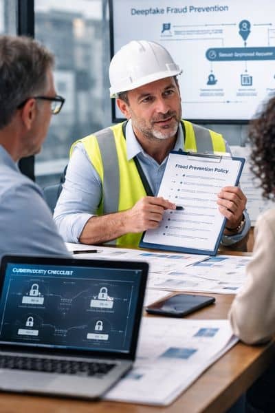 Deepfake fraud policy meeting - ALTA SURVEY North Carolina Team reviewing a fraud prevention policy and financial verification process to protect an engineering company from deepfake scams