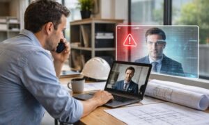Deepfake video call engineer office - ALTA SURVEY North Carolina Engineer on a video call reviewing project plans as a digital distortion warns of deepfake fraud risks facing an engineering company
