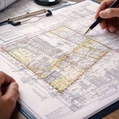 Detailed survey documents and boundary maps being reviewed as part of an ALTA survey for a real estate transaction