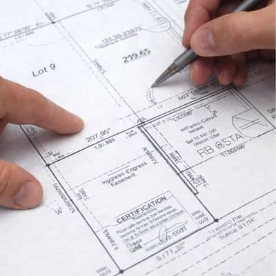 Close-up of a survey plat being reviewed with measurements and boundary survey details during rezoning plan verification