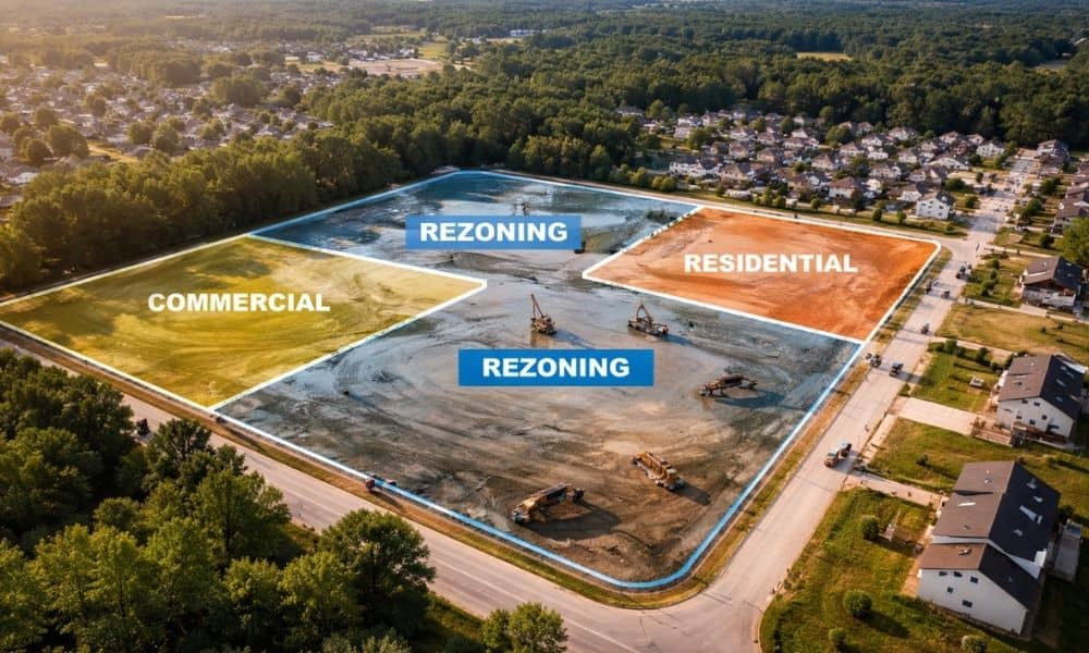 A realistic landscape view of a development site, showing cleared land and construction equipment with zoning overlays, representing land entitlements