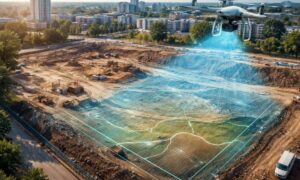 Drone capturing high-resolution aerial data over a construction site to support accurate survey mapping for development projects