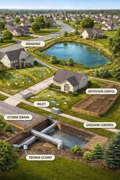 Realistic view of a residential development under construction showing grading, drainage channels, and a detention pond for stormwater design