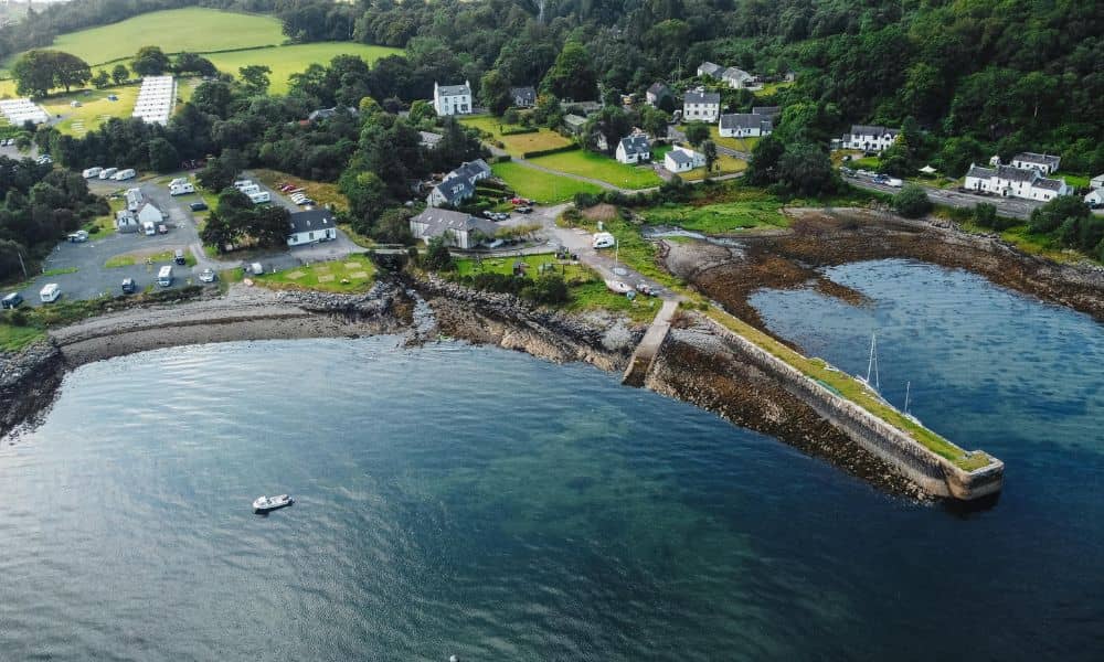 Aerial coastal view showing shoreline and land changes used in a topographic survey