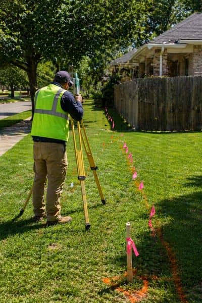 Land surveyor marking property lines before fence installation on a residential lot, helping homeowner choose the right land surveyor near me