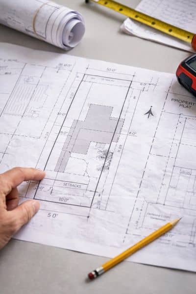 Civil engineer reviewing a site plan to check lot layout and property boundaries before rezoning