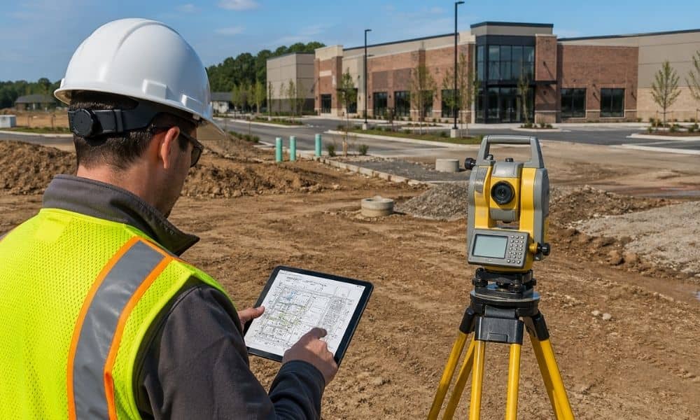 Land surveyor reviewing measurements at a completed commercial construction site with parking areas, drainage features, and finished infrastructure.