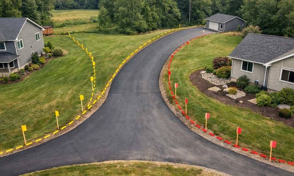 Boundary surveyor identifying a shared driveway that may cross property lines between neighboring parcels