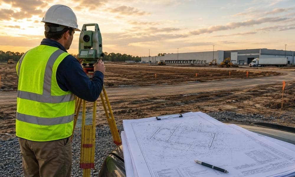Commercial property surveyor reviewing an industrial site survey before closing, with a warehouse development and surveying equipment in the background