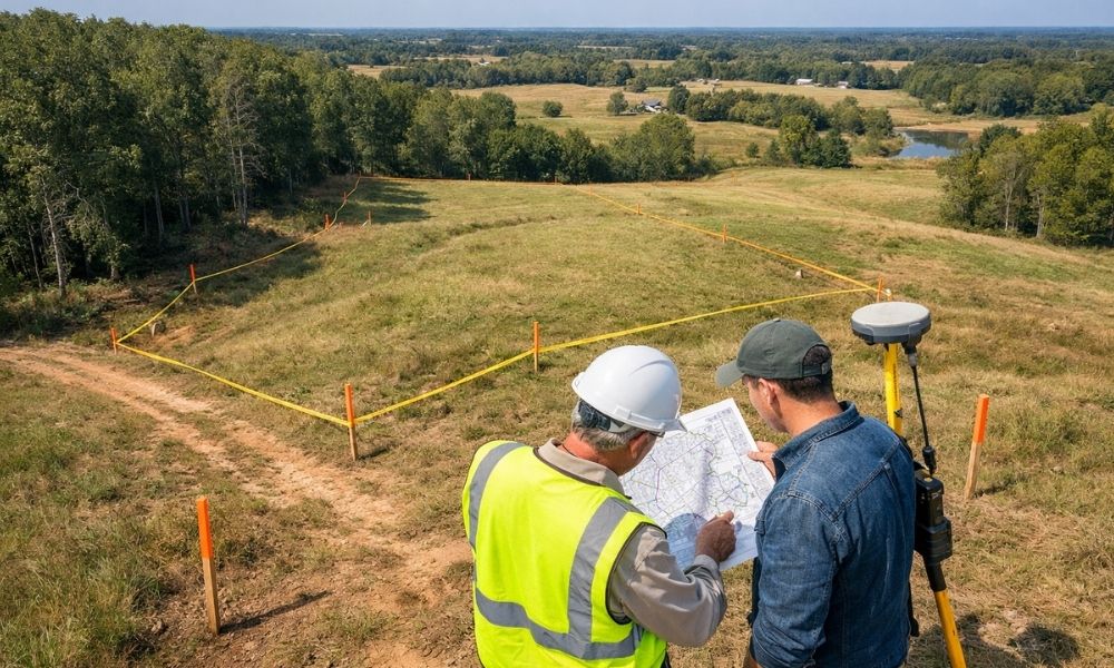 Property survey before buying land at auction - ALTA SURVEY North Carolina Surveyor and land buyer reviewing a property survey before purchasing land at auction