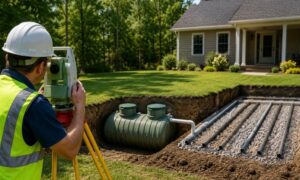 Residential land surveyor locating a septic system and drain field before property development to help prevent construction and permitting issues