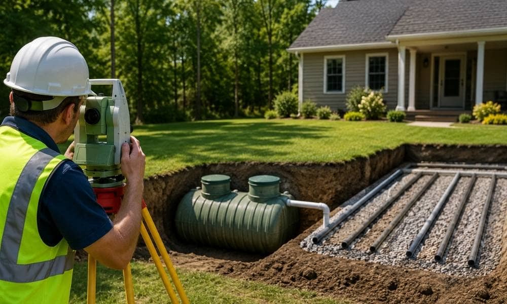 Residential land surveyor locating a septic system and drain field before property development to help prevent construction and permitting issues