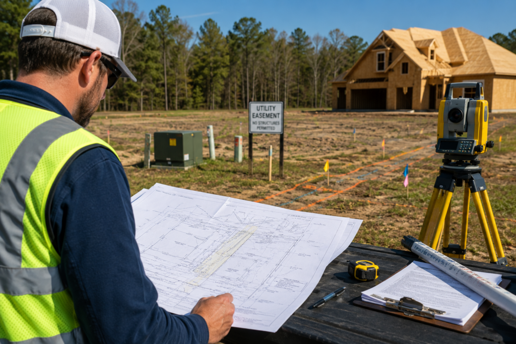 Land surveyor reviewing a property survey near utility easements to help plan a safe building layout before residential construction begins