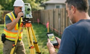Licensed land surveyor checking a residential property boundary while a homeowner compares a GIS parcel map on a smartphone