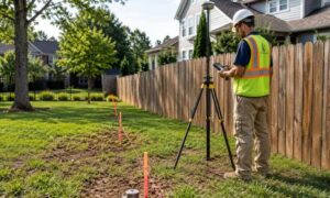 A licensed surveyor measures a residential property boundary beside a backyard fence using GPS surveying equipment