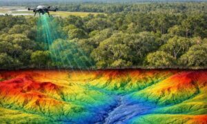 LiDAR mapping reveals hidden ground elevations beneath a wooded tract near Wilmington, NC, supporting drainage analysis, site planning, and land development.