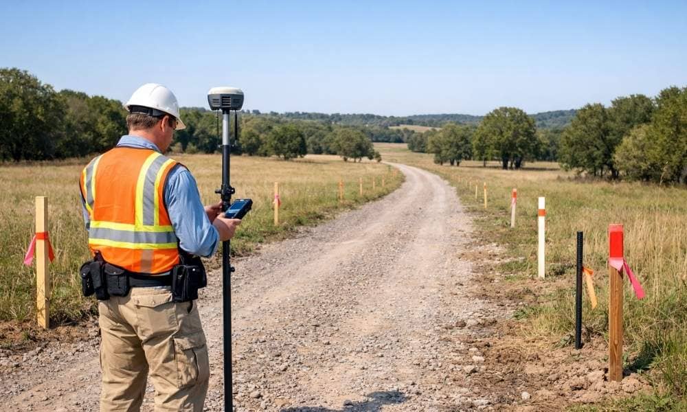 Property survey confirming legal access road - ALTA SURVEY North Carolina Licensed land surveyor confirming legal access to a property using GPS surveying equipment along a gravel access road