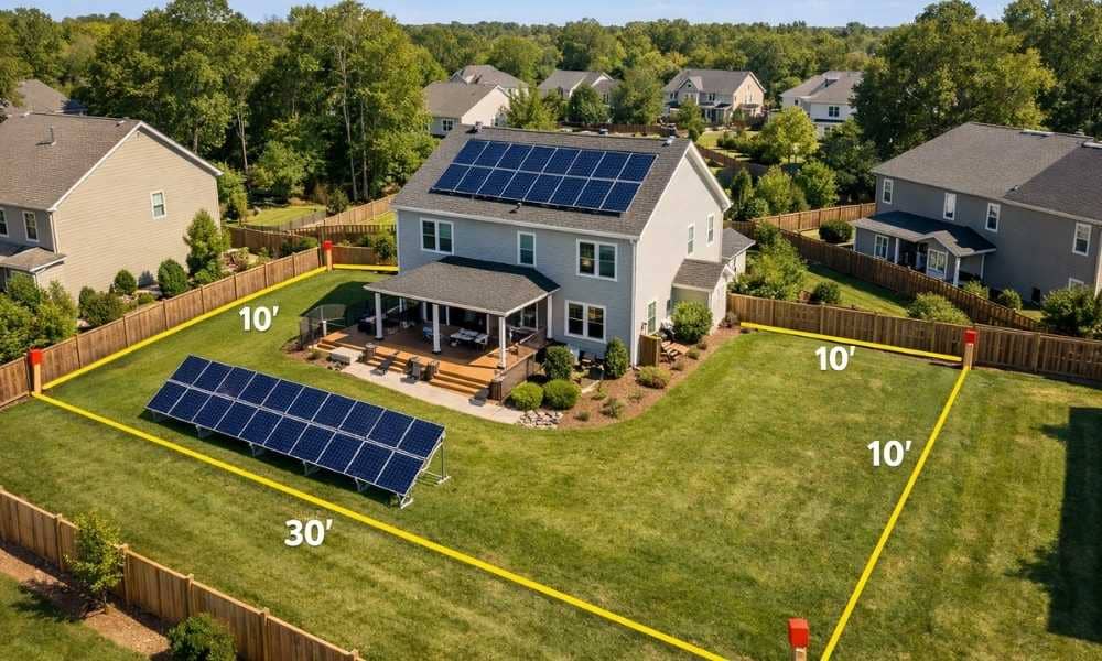 Solar panel property boundaries - ALTA SURVEY North Carolina Aerial view of a home with rooftop and ground-mounted solar panels, showing surveyed property boundaries and setback distances for proper solar installation