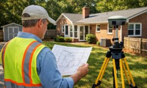 Licensed land surveyor reviewing a residential property survey before a homeowner lists the house for sale