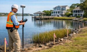 Surveyor using GPS equipment to map a waterfront property boundary along the shoreline near residential homes